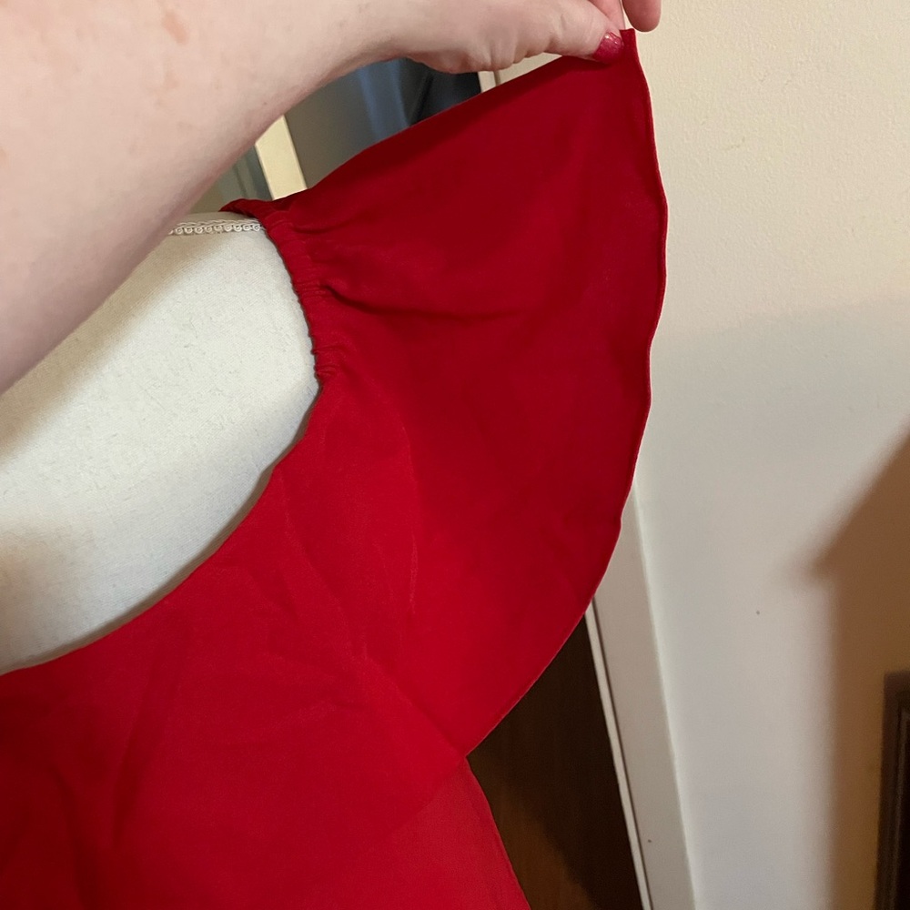 Boston Proper Red Midi Dress Size 12 on off shoulder ruffles spandex stretch - Picture 9 of 16